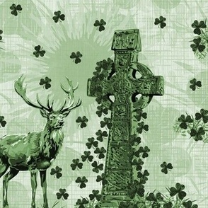 Irish Green and White Toile De Jouy, Celtic Cross Toile, Woodland Buck Forest Deer, Lucky Shamrock St Patricks Day