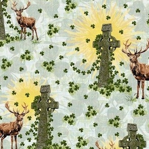 St Patricks Day Morning Sunshine, Celtic Cross Country Living Wild Deer Landscape