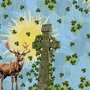 Painterly Highland Deer, Scottish Celtic Cross Design, Lucky Green Clover, Sunny Sunshine Yellow on Sky Blue Linen Texture