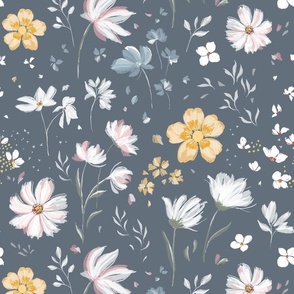 (L) Joy & Peace | Buttercups & Cosmos | Yellow & White Floral on Blue Grey | Large Scale