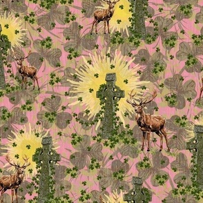 Highland Landscape Buck Deer Stag, Painterly Celtic Cross, Scottish Highlands Pattern on Green Pink Yellow