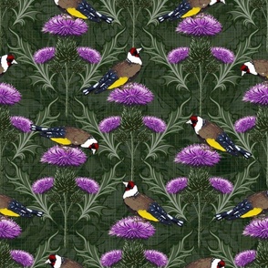 Art Nouveau Scottish Thistle Flower Colorful Birds Purple Flowers | Finch Bird Watching Purple Thistle Hunter Green Floral Linen Texture Green Cottage Core