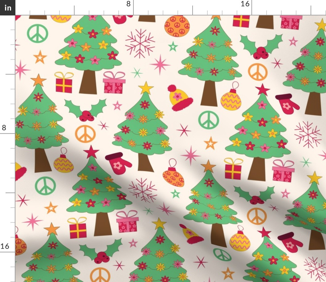 Groovy Christmas Trees with Retro flowers, peace signs and ornaments  