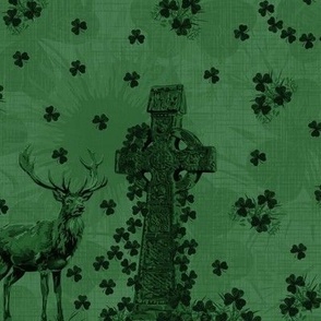 Irish Shamrock Pattern, Emerald Green Lucky Clover, Painterly Animal Landscape, Painterly Wild Buck Deer Stag Home Decor 