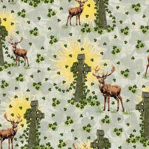 Painterly Wildlife Vintage Illustration, Irish Pattern Celtic Cross, Wild Deer Landscape, Emerald Green Shamrock