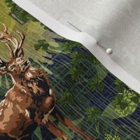 Textured Linen Tapestry Texture, Irish Design, Wild Animal Buck Deer Hunter, Irish Clover Pattern, Dark Emerald Green, Dark Moody Cozy Cabin Blue Background Home Decor 