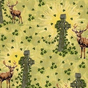 Celtic Cross Lucky Shamrock Clover, St Patrick Folklore, Red Deer on Sunshine Yellow Emerald Green Textured Linen
