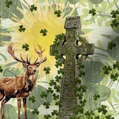 St Patricks Day Celtic Cross, Lucky Emerald Green Shamrock Clover, Majestic Wild Buck, Enchanted Forest Deer