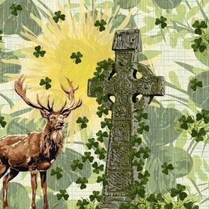 St Patricks Day Celtic Cross, Lucky Emerald Green Shamrock Clover, Majestic Wild Buck, Enchanted Forest Deer