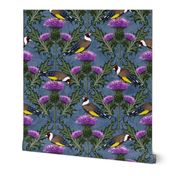 Arts and Crafts Floral Scottish Green Purple Thistle Flower, Colorful Birds and Wildflowers, Happy Finches for Bird Lover on Textured Blue Linen, Contemporary Thistle Damask Pattern, Painterly Thistle Floral Farmhouse Décor, Decorative Arts Scotland Highl