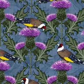 Arts and Crafts Floral Scottish Green Purple Thistle Flower, Colorful Birds and Wildflowers, Happy Finches for Bird Lover on Textured Blue Linen, Contemporary Thistle Damask Pattern, Painterly Thistle Floral Farmhouse Décor, Decorative Arts Scotland Highl
