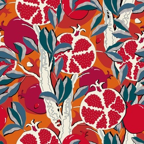 Pomegranate harvest, red fruits and gray-blue leaves on a dark orange background, large scale