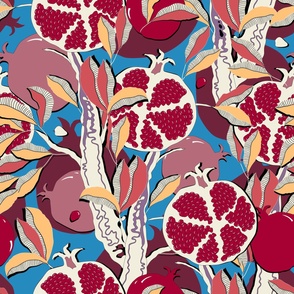 Pomegranate harvest, red-burgundy fruits and orange leaves on a light blue background, large scale 