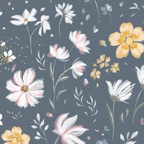 (J) Joy & Peace | Buttercups & Cosmos | Yellow & White Floral on Blue Grey | Jumbo Scale
