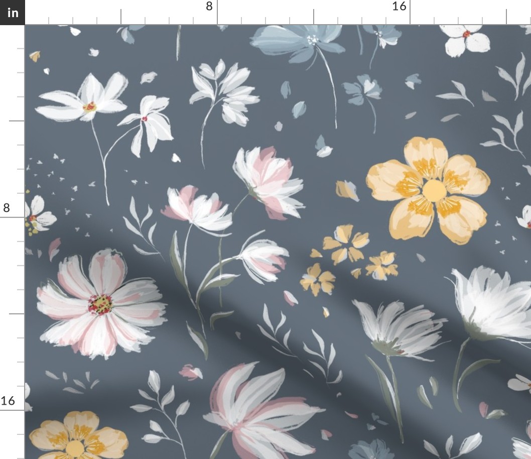 (J) Joy & Peace | Buttercups & Cosmos | Yellow & White Floral on Blue Grey | Jumbo Scale