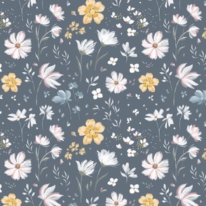 (M) Joy & Peace | Buttercups & Cosmos | Yellow & White Floral on Blue Grey | Medium Scale