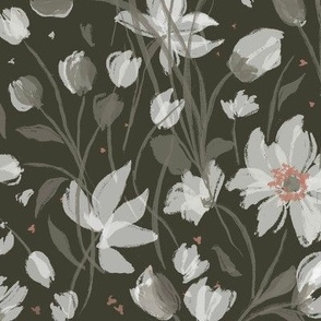 (L) Wild Anemones | Cream White Flowers on Dark Olive Green Brown | Large Scale