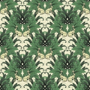 Modern Damask Morris Green Yellow Animal Block Print, Whimsical Arts and Crafts Style with Acanthus Leaves and Sitting Hares