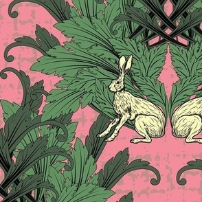 Modern Arts and Crafts Art Animals, Green Victorian Acanthus Leaves Damask, Whimsical Country Hare Rabbits on Pink Textured Linen