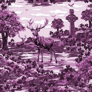 Vintage Toile De Jouy Pastel Lavender Background Stag | Aubergine Purple Toile Woodland Deer | Woodland Toile Nature Toile Deer Purple Monochrome