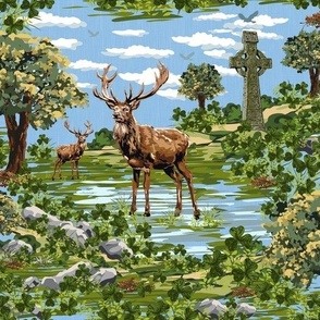 Moss Green Shamrock Cornflower Blue Cloudy Sky Deer | Cabin Core Woodland Deer Lucky Shamrocks | Red Deer Good Luck Lucky Clover