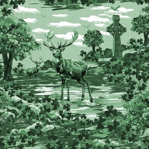 Hunter Green Toile De Jouy Green Monochrome Green Ash Painterly Pattern | Deer Woodland Nature Green Palette Clover Lucky Shamrock Green Sky