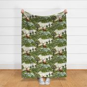 Deer Ecru White Fall Sky Vintage Cottage Autumn Day | Red Deer Fall Meadow Green Shamrocks Cottage Core | Stag Fall Trees Lucky Shamrocks Light Linen Texture