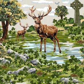 Stag Country Decor Royal Green Meadow | Deer Green Shamrocks Cottagecore | Autumn Beige Countryside Trees Antlers
