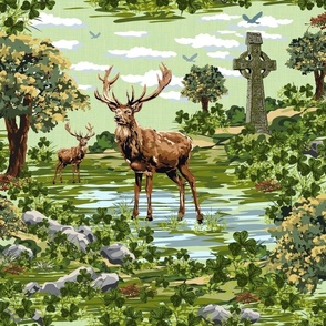 Stag Woodland Meadow Cabincore | Stags Woodland Wallpaper Tea Green Shamrocks | Soft Pastel Green Woodland Animals Red Deer | Woodland Deer Red Stag Shamrock
