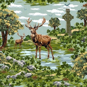 St Patricks Day Holiday Celtic Cross Shamrocks Bucks | Autumn Woodland Deer Sage Green Clover Stag Trees