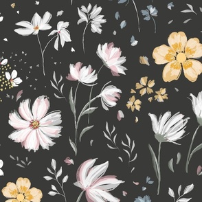 (J) Joy & Peace | Buttercups & Cosmos | Yellow & White Floral on Black | Jumbo Scale