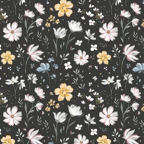 (M) Joy & Peace | Buttercups & Cosmos | Yellow & White Floral on Black | Medium Scale
