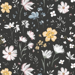 (L) Joy & Peace | Buttercups & Cosmos | Yellow & White Floral on Black | Large Scale