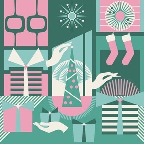 Surrealist Retro Christmas Helping Hands / Pink Green Medium