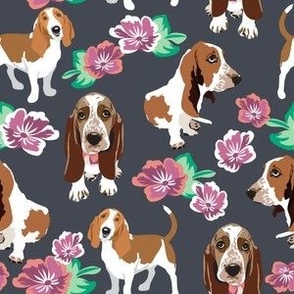 Basset Hound Dogs white and lavender flowers dark blue background