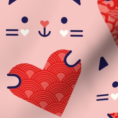 Cats and Hearts- Valentines Day- Cute Soft Coral Cat Holding Coral Red Hearth- Novelty Pets- Kitsch- Love- Navy Blue- Pink- Extra Large