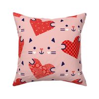 Cats and Hearts- Valentines Day- Cute Soft Coral Cat Holding Coral Red Hearth- Novelty Pets- Kitsch- Love- Navy Blue- Pink- Extra Large