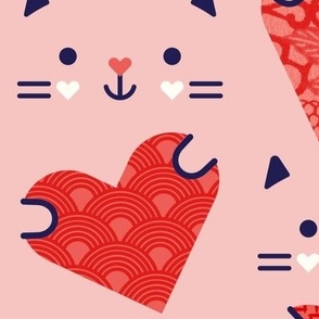 Cats and Hearts- Valentines Day- Cute Soft Coral Cat Holding Coral Red Hearth- Novelty Pets- Kitsch- Love- Navy Blue- Pink- Extra Large