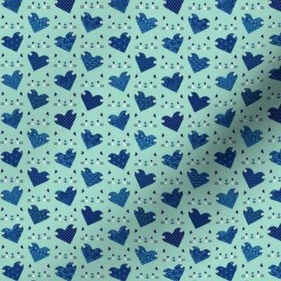 Cats and Hearts- Valentines Day- Cute Mint Green Cat Holding Blue Hearth- Novelty Pets- Kitsch- Love- Indigo Blue- Navy Blue- Denim Blue- sMini