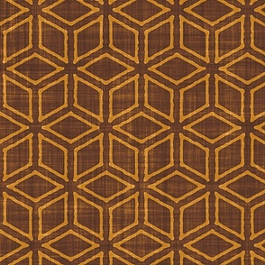 Geometric Isometric Cubes Batik Block Print in Cinnamon Brown and Desert Sun (Large Scale)