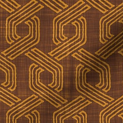 Retro 70s Hexagon Chain Link Stripes Batik Block Print in Cinnamon Brown and Desert Sun (Medium Scale)