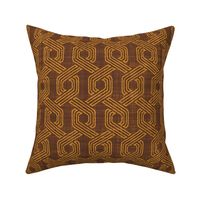 Retro 70s Hexagon Chain Link Stripes Batik Block Print in Cinnamon Brown and Desert Sun (Medium Scale)