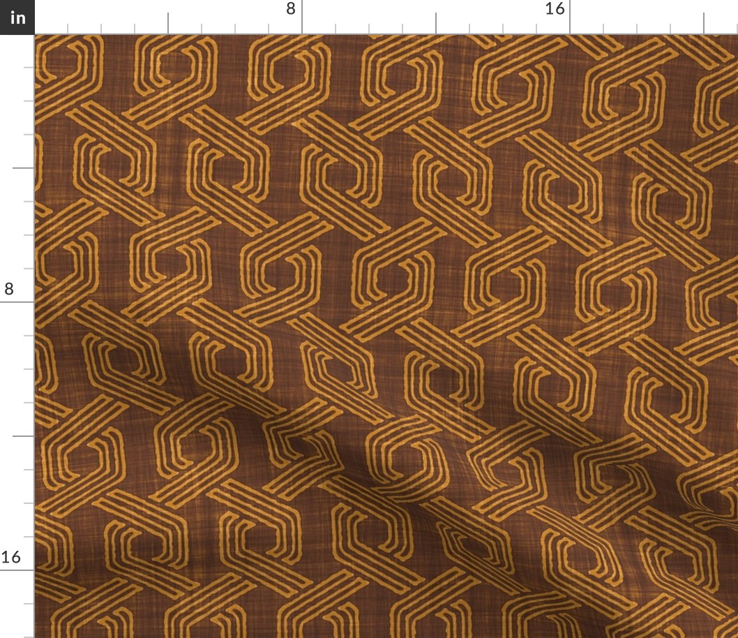 Retro 70s Hexagon Chain Link Stripes Batik Block Print in Cinnamon Brown and Desert Sun (Medium Scale)