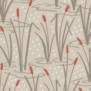 Cattails on the Water - Lake Life Collection (Linen & Taupe) (Large / Jumbo)