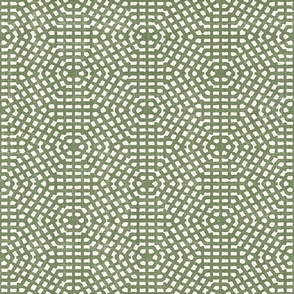 Batik Block Print Tribal Hexagon Dots Mosaic in Sage Green and Natural White (Medium Scale)