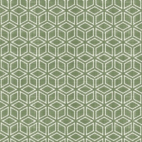 Geometric Isometric Cubes Batik Block Print in Sage Green and Natural White (Medium Scale)