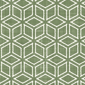 Geometric Isometric Cubes Batik Block Print in Sage Green and Natural White (Large Scale)