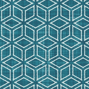 Geometric Isometric Cubes Batik Block Print in Teal Lagoon and Sea Glass (Large Scale)