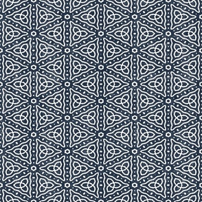 Geometric Celtic Knot Triangles Batik Block Print in Navy Blue and White (Medium Scale)