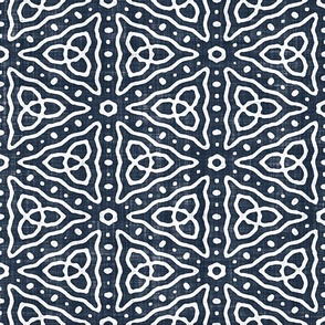 Geometric Celtic Knot Triangles Batik Block Print in Navy Blue and White (Large Scale)